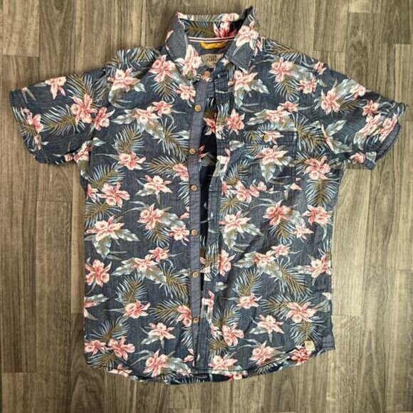 Free Planet Small Blue Floral Hawaiian Shirt Short Sleeve Tropical Button Up - Picture 1 of 6